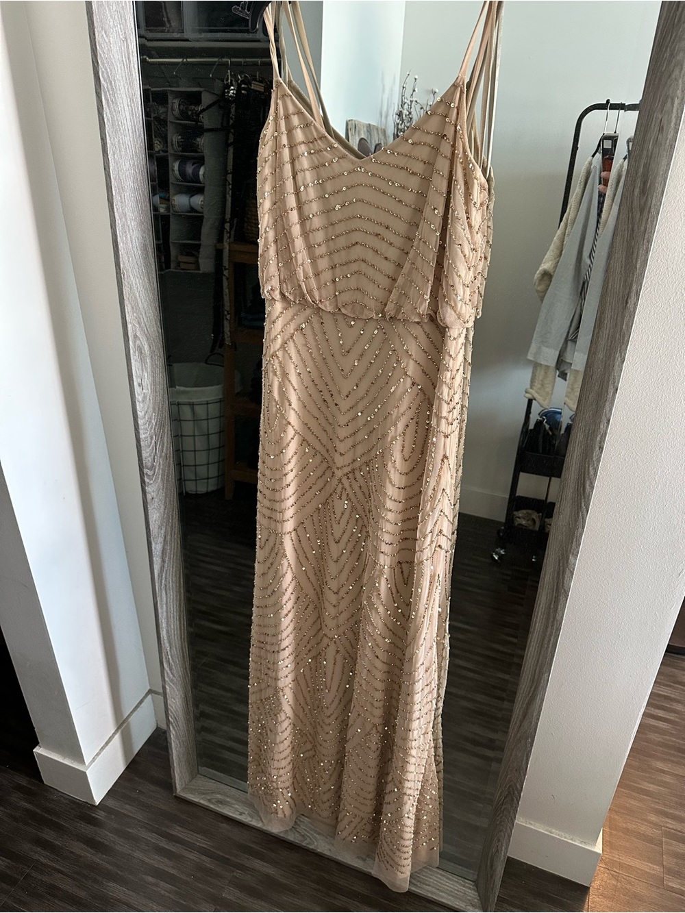 Adrianna Papell Nude Beaded Spaghetti-Strap Maxi Dress